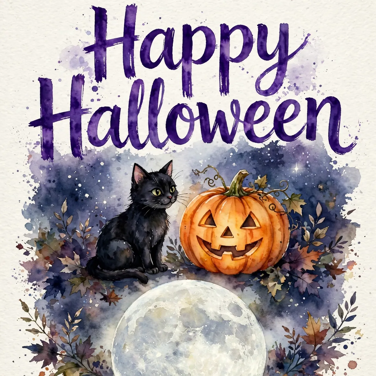 Watercolor illustration with purple 'Happy Halloween' lettering above a black cat, carved jack-o'-lantern and full moon.