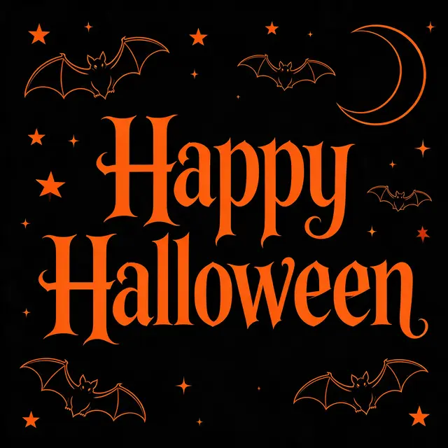 Bold orange "Happy Halloween" text centered on a black background, surrounded by orange line art bats, stars, and a crescent