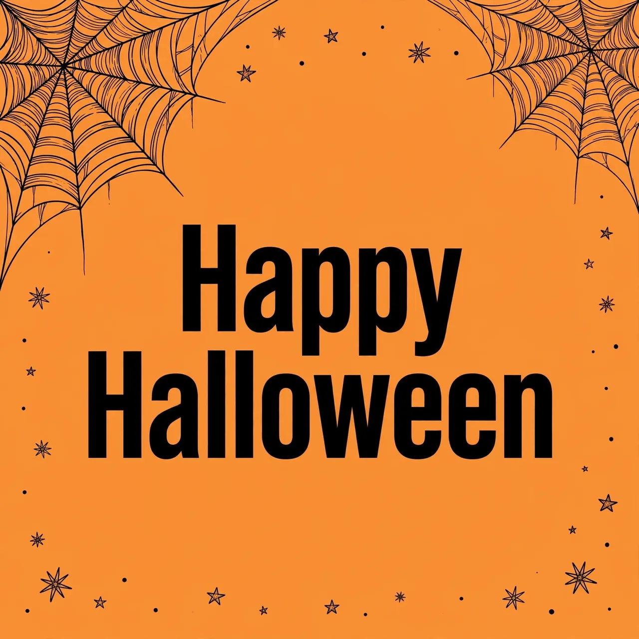 Bold centered "Happy Halloween" text with black cobwebs and stars on an orange background
