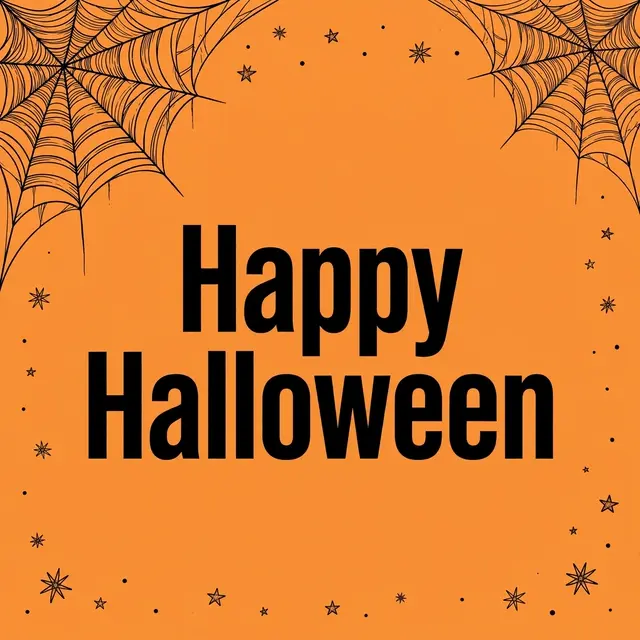 Bold centered "Happy Halloween" text with black cobwebs and stars on an orange background