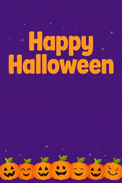 Bold rounded orange text reading "Happy Halloween" sits above a row of smiling jack-o'-lanterns on a deep purple starry