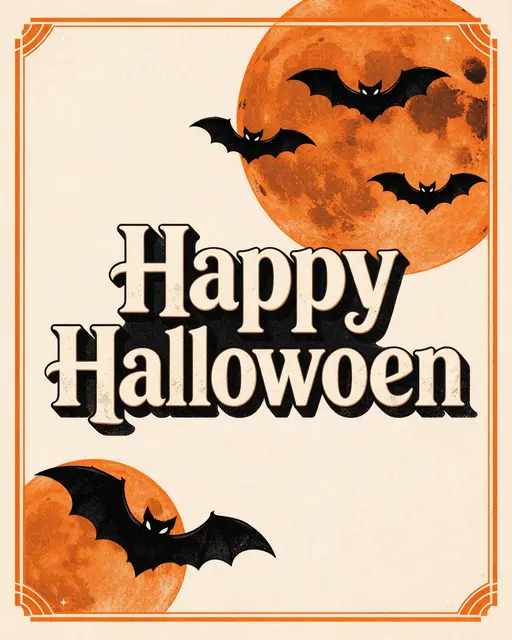 Retro Halloween poster with bold "Happy Halloween" text, orange moons, and stylized black bats in the corners