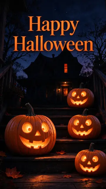 Glowing carved jack-o'-lanterns sit on haunted house porch steps with "Happy Halloween" text in the dusk sky