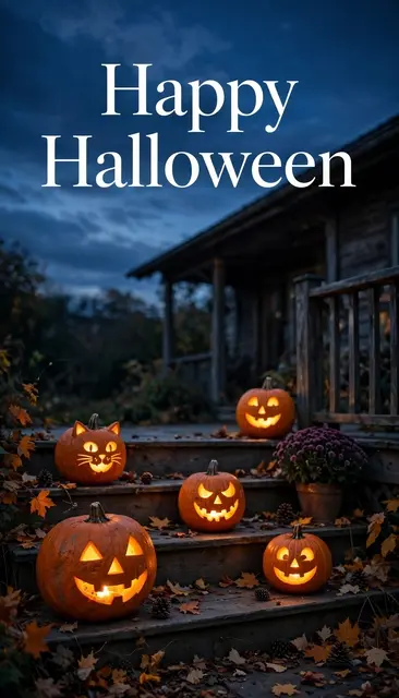 "Happy Halloween" text over glowing carved jack-o'-lanterns on wooden porch steps at dusk