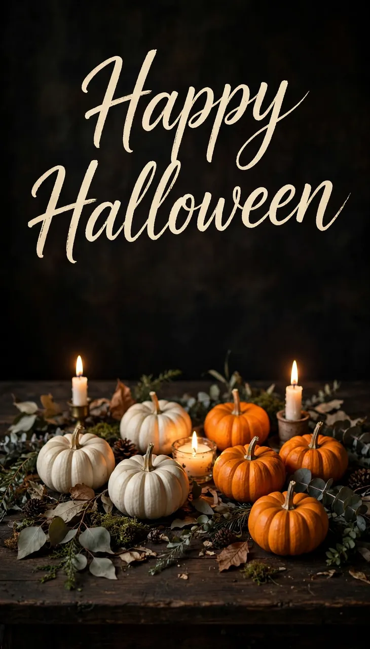 "Happy Halloween" cream script text sits above lit candles and small white and orange pumpkins arranged on a dark wooden