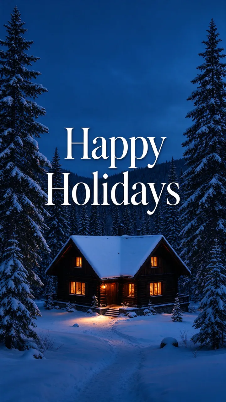 Vertical evening wallpaper with a snowy lit cabin and pine trees, overlaid with clear "Happy Holidays" text