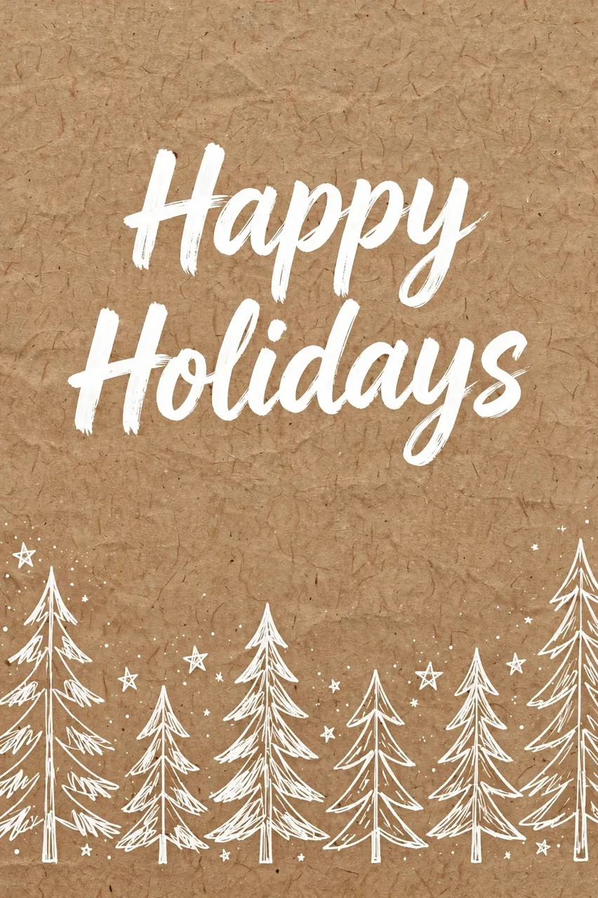 "Happy Holidays" in white brush lettering above hand-drawn pine trees and stars on kraft paper