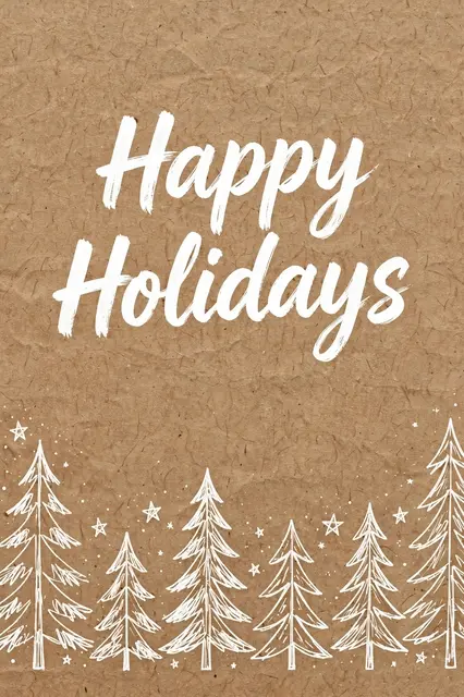 "Happy Holidays" in white brush lettering above hand-drawn pine trees and stars on kraft paper