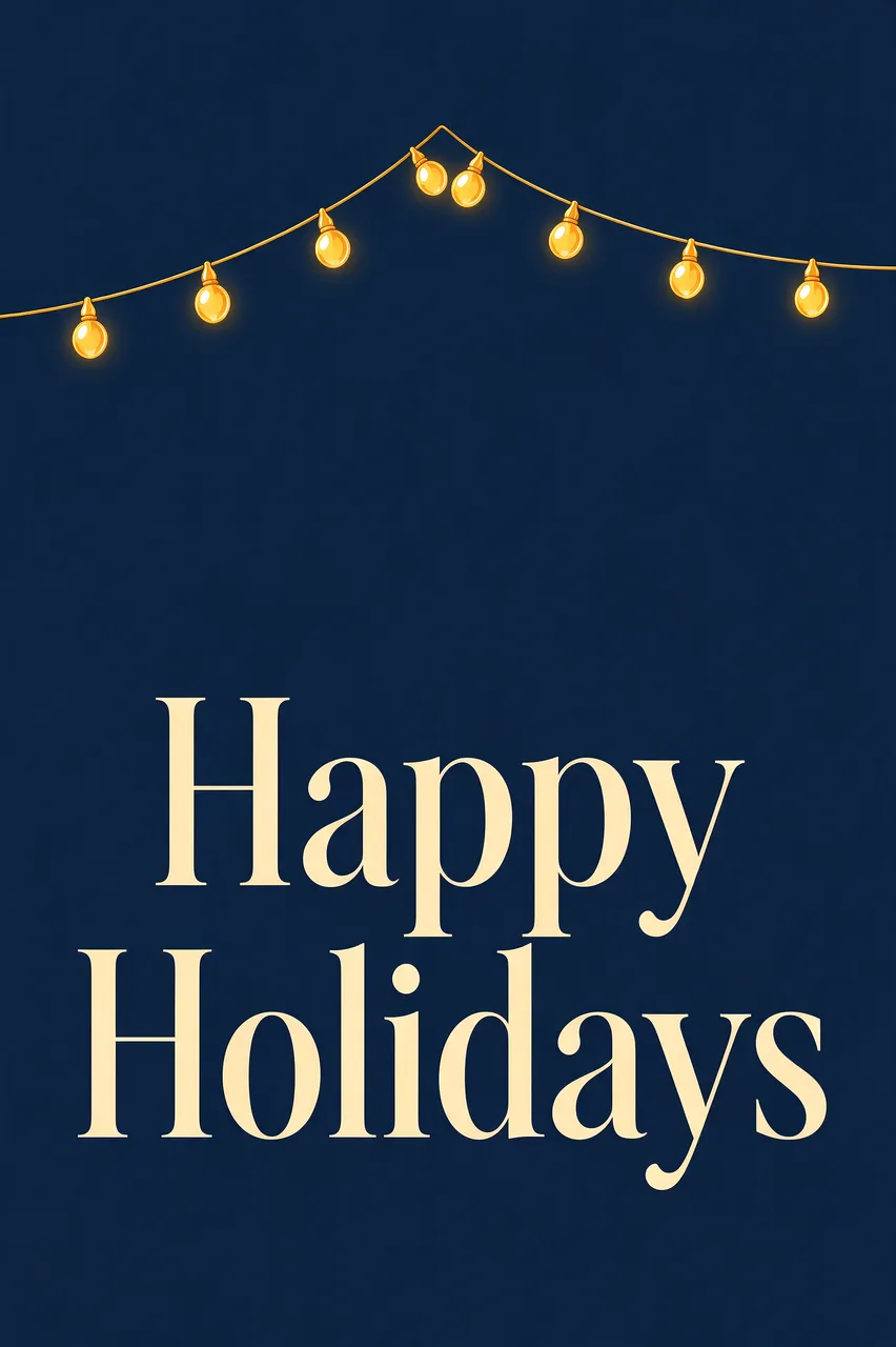 String of glowing warm bulb lights above cream serif "Happy Holidays" text on a deep navy background