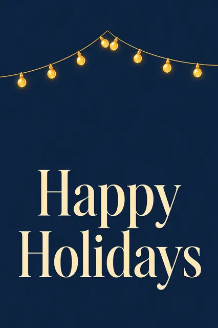 String of glowing warm bulb lights above cream serif "Happy Holidays" text on a deep navy background