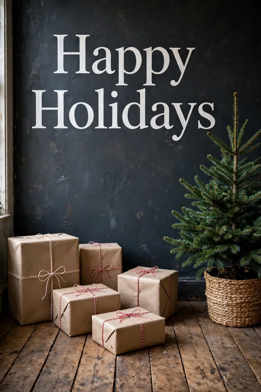 "Happy Holidays" text above kraft wrapped gifts and a potted fir tree on a wooden floor