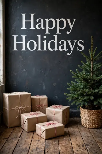 "Happy Holidays" text above kraft wrapped gifts and a potted fir tree on a wooden floor