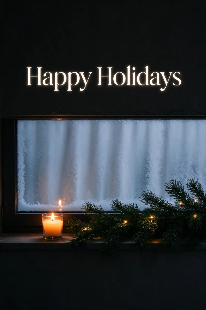 "Happy Holidays" text sits above a frosted winter window with a lit candle and pine sprigs on the sill.