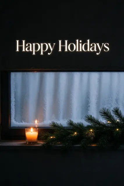 "Happy Holidays" text sits above a frosted winter window with a lit candle and pine sprigs on the sill.