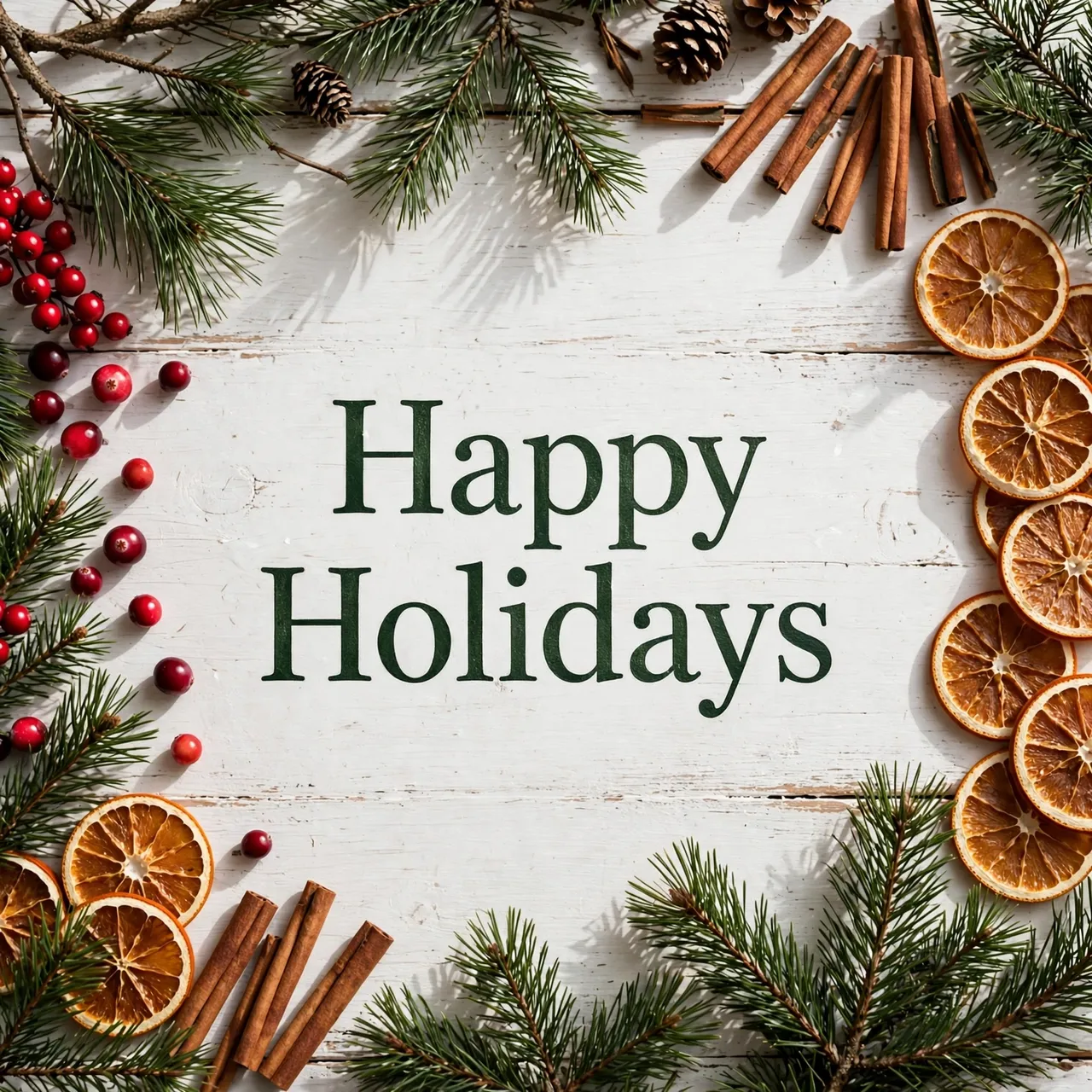 Overhead view of a white wooden table with festive holiday border and center text reading "Happy Holidays"