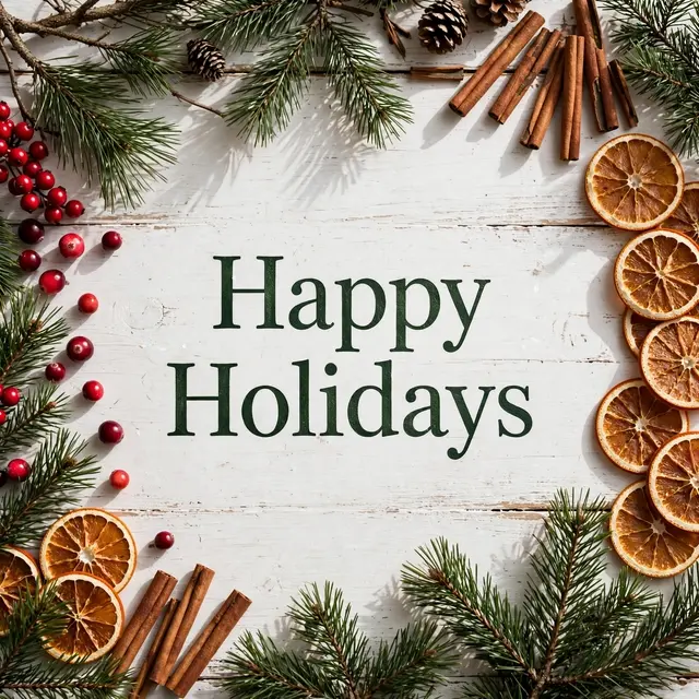 Overhead view of a white wooden table with festive holiday border and center text reading "Happy Holidays"