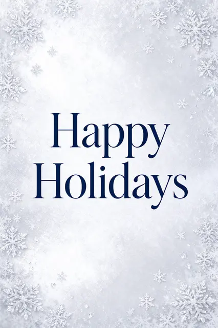 Centered navy serif text reading "Happy Holidays" framed by delicate snowflakes on a soft silver and white frosty background