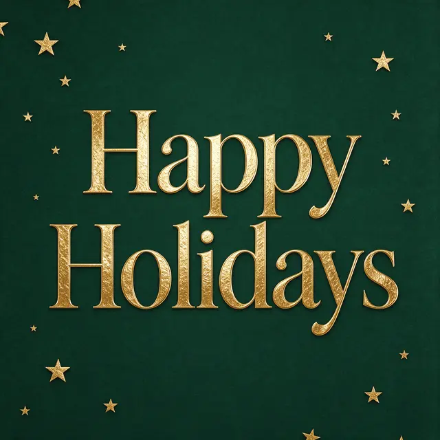 Gold foil "Happy Holidays" lettering with scattered gold stars on a deep forest green background