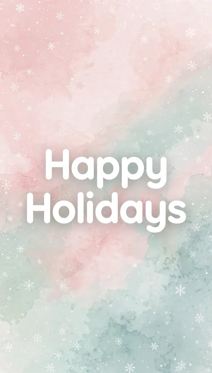 "Happy Holidays" text centered over a soft pastel pink and mint watercolor background scattered with small white snowflakes