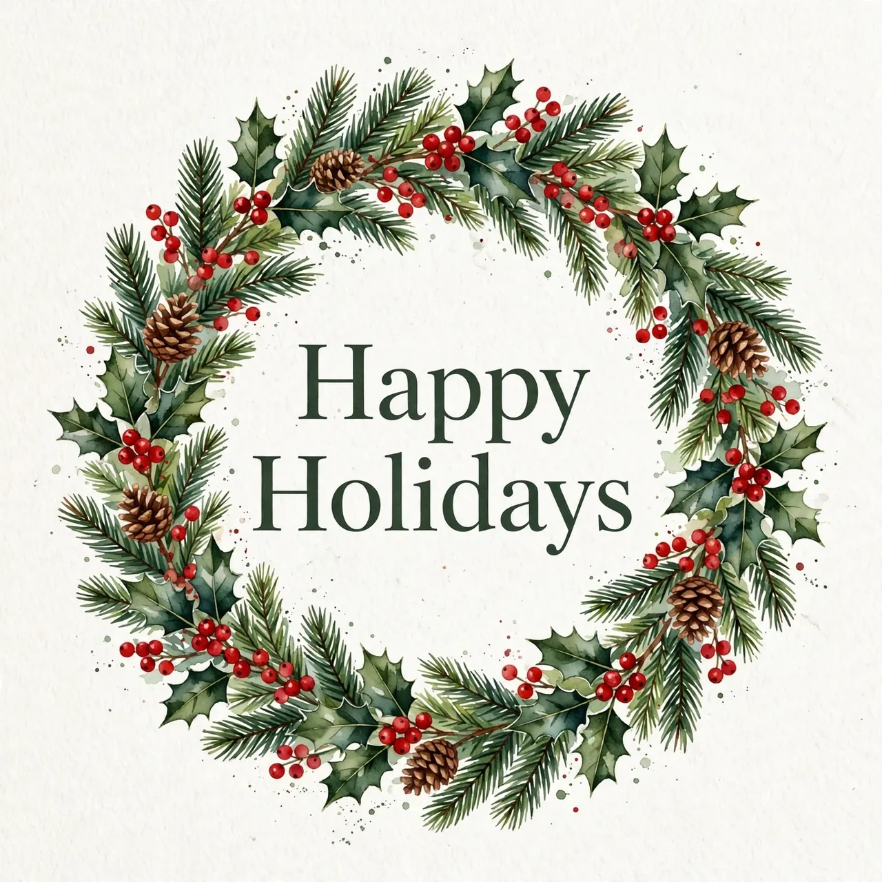 Watercolor holiday wreath of holly, pine, berries and pinecones frames centered dark green serif text reading "Happy