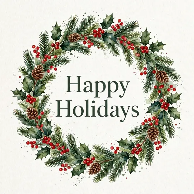 Watercolor holiday wreath of holly, pine, berries and pinecones frames centered dark green serif text reading "Happy