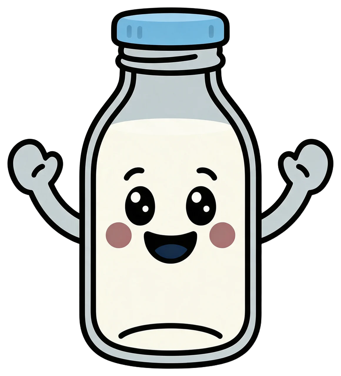 Cartoon glass milk bottle with a happy face, rosy cheeks, and raised cheering arms
