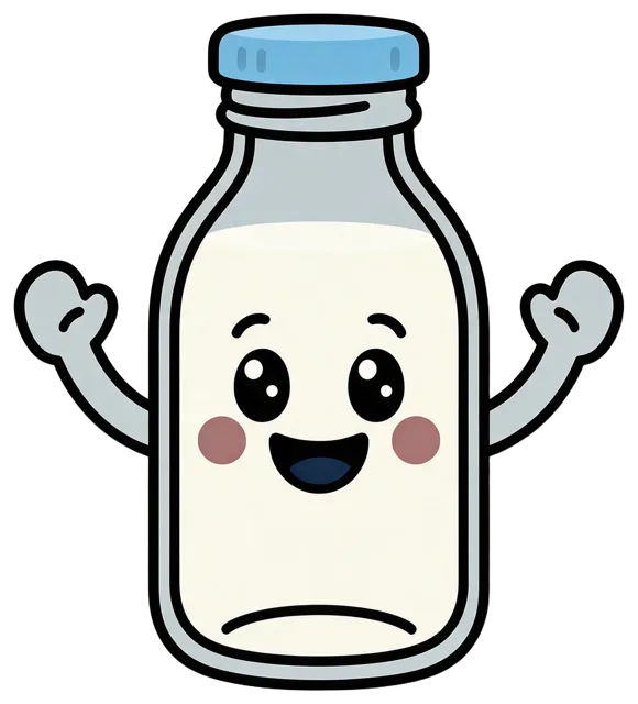 Cartoon glass milk bottle with a happy face, rosy cheeks, and raised cheering arms