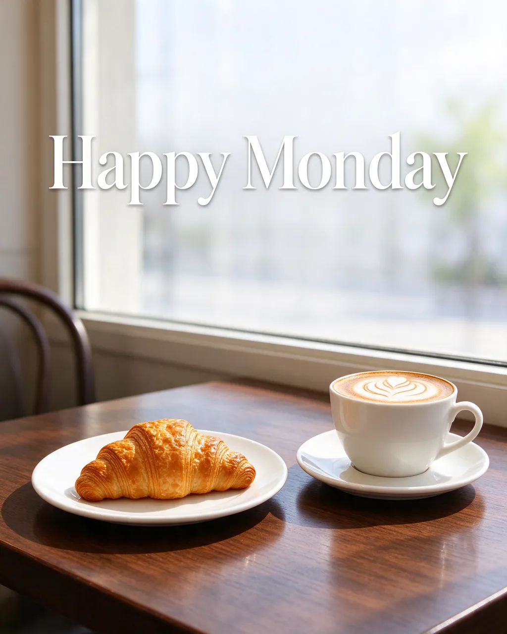 "Happy Monday" text over a sunny cafe table holding a croissant and a latte art cappuccino by a window