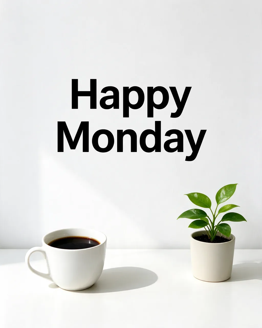 The text "Happy Monday" appears above a white coffee cup and small potted plant on a bright white desk in daylight.