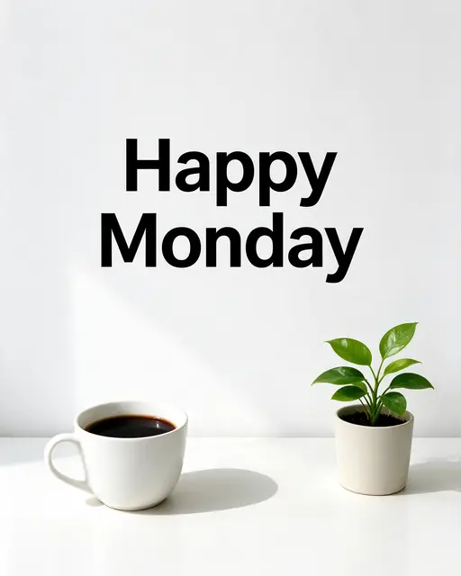 The text "Happy Monday" appears above a white coffee cup and small potted plant on a bright white desk in daylight.