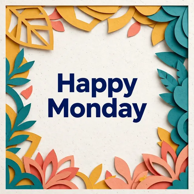 Centered bold navy "Happy Monday" text framed by layered mustard, teal and coral paper-cut shapes on an off-white background