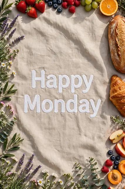 "Happy Monday" text centered on a linen picnic blanket framed by fruit, bread and wildflowers