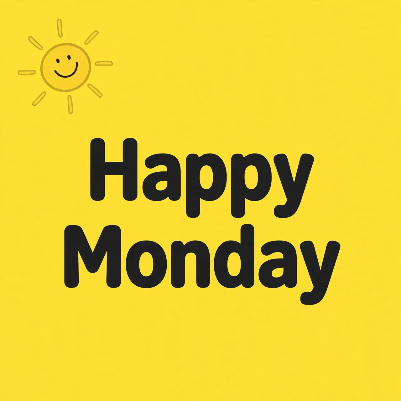 Bold centered "Happy Monday" text with a small smiling sun icon in the top left on a bright yellow background