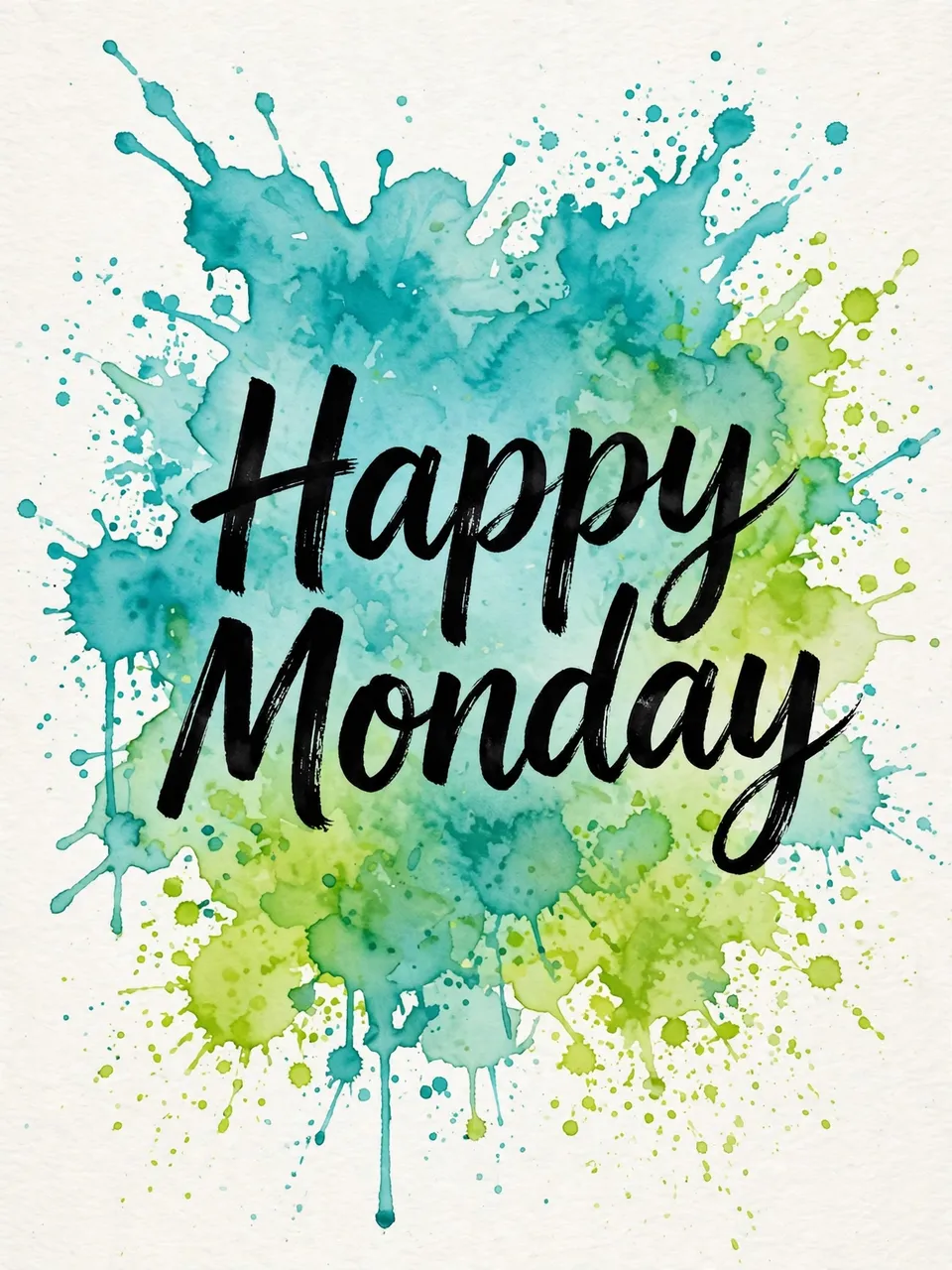 Bold black brush lettering of "Happy Monday" sits over turquoise and lime watercolor splatters on textured white paper.