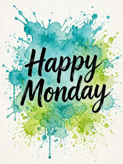 Bold black brush lettering of "Happy Monday" sits over turquoise and lime watercolor splatters on textured white paper.