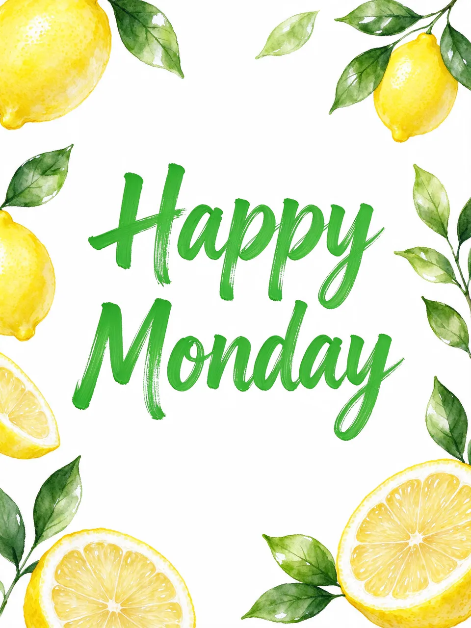 "Happy Monday" in bold green brush lettering framed by watercolor lemons and leaves on a white background