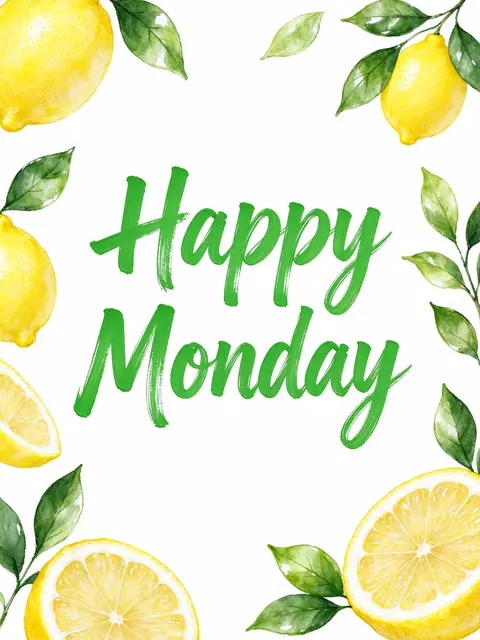 "Happy Monday" in bold green brush lettering framed by watercolor lemons and leaves on a white background