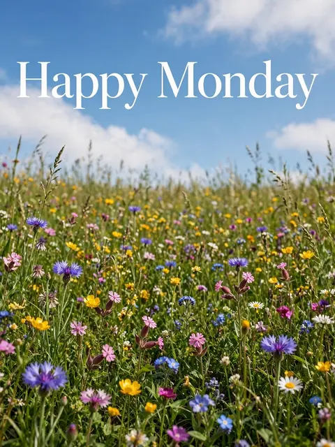 "Happy Monday" text displayed above a sunny meadow full of colorful wildflowers under a bright blue sky