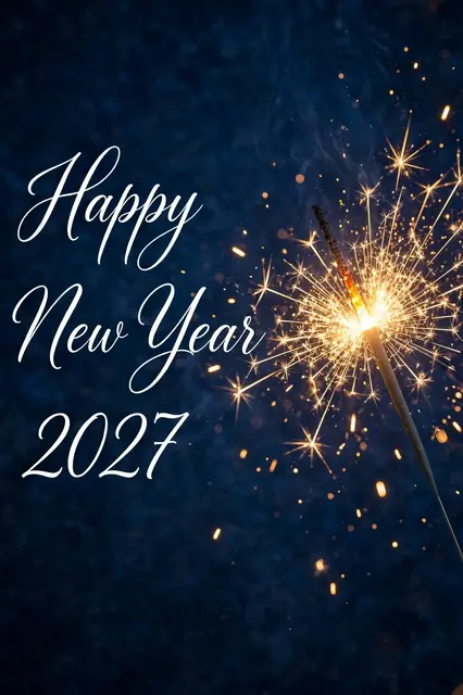 Lit golden sparkler against a dark blue background with white script text reading "Happy New Year 2027"