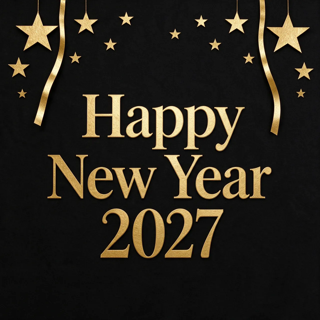Gold paper cut stars, streamers, and the text "Happy New Year 2027" on a solid black background