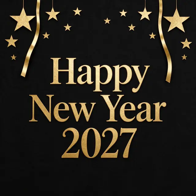 Gold paper cut stars, streamers, and the text "Happy New Year 2027" on a solid black background