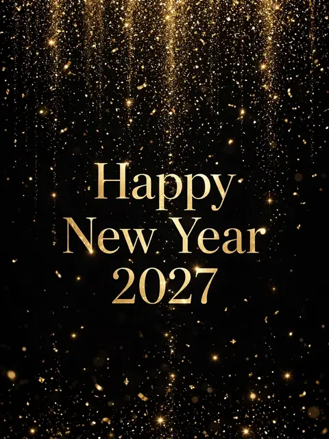 Centered elegant gold serif text reading "Happy New Year 2027" with falling gold glitter on a black background.