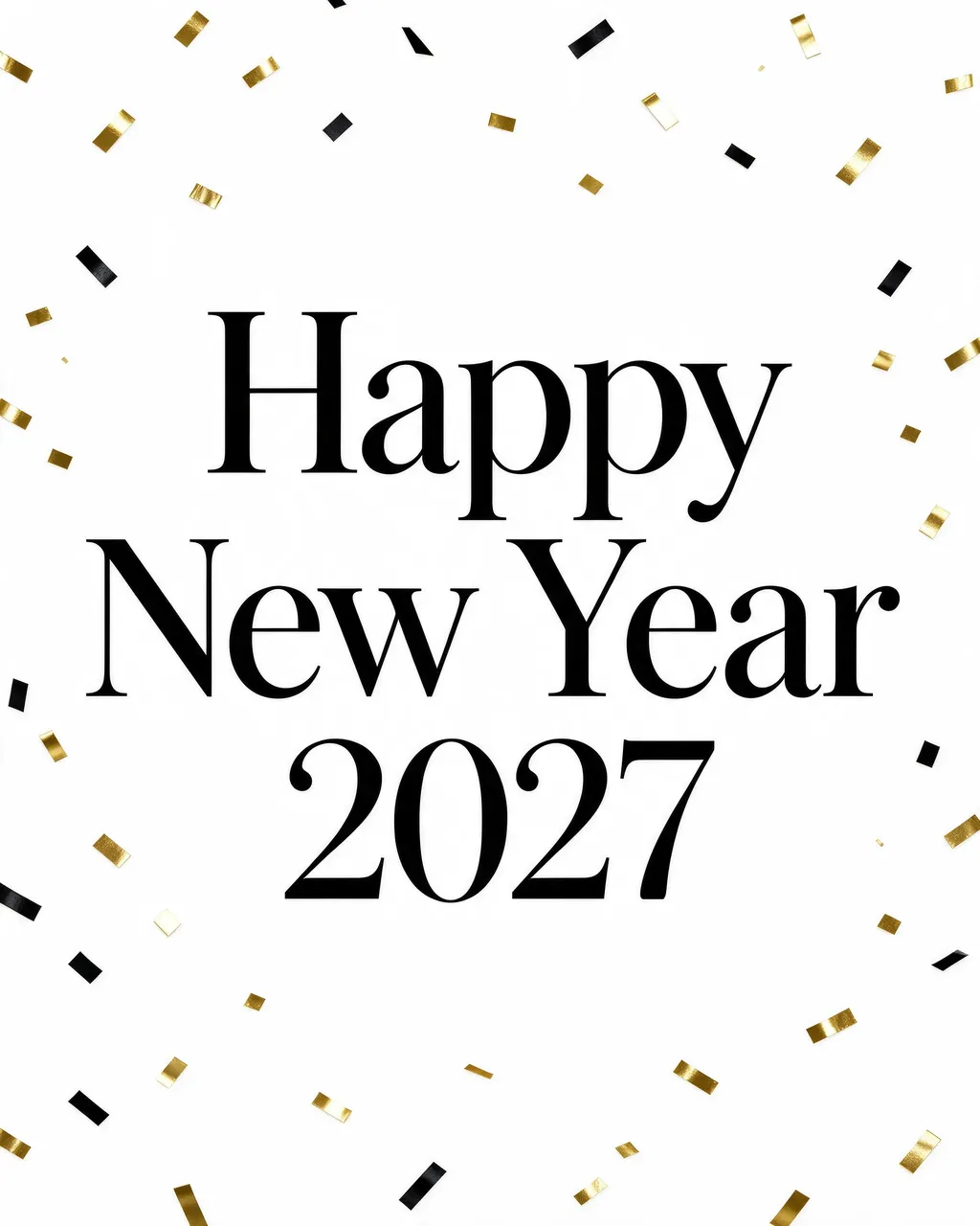 Bold black serif text reading "Happy New Year 2027" centered on a white background with gold and black confetti borders
