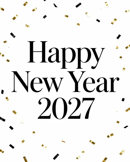 Bold black serif text reading "Happy New Year 2027" centered on a white background with gold and black confetti borders