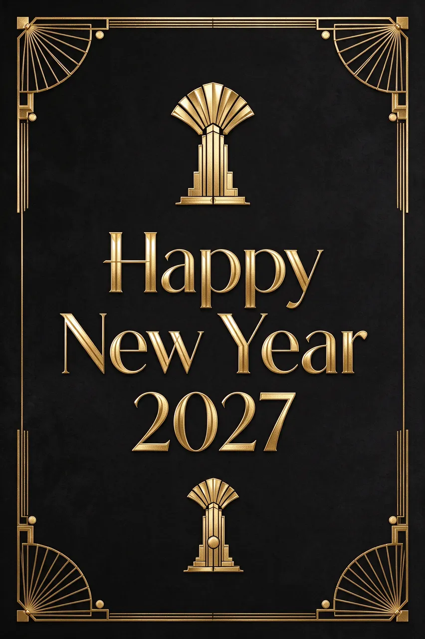 Art deco black and gold design displaying the text "Happy New Year 2027" with fan corner accents