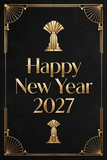 Art deco black and gold design displaying the text "Happy New Year 2027" with fan corner accents