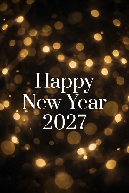 Centered white serif text reading "Happy New Year 2027" over soft golden bokeh lights on a dark background