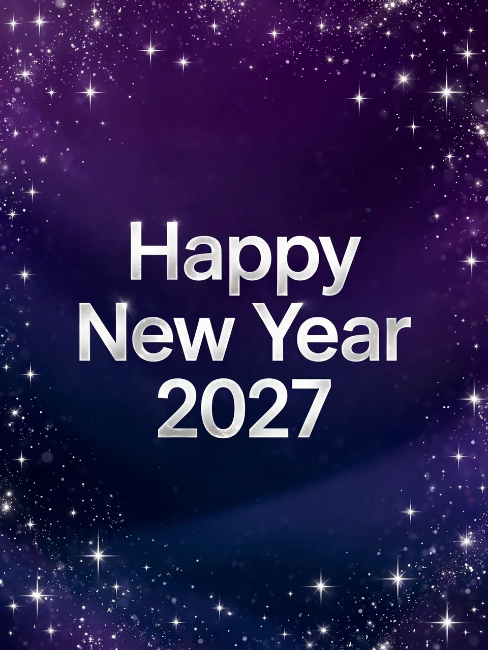 Centered silver "Happy New Year 2027" text over a deep purple to midnight blue gradient dotted with glowing silver stars