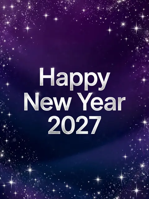 Centered silver "Happy New Year 2027" text over a deep purple to midnight blue gradient dotted with glowing silver stars