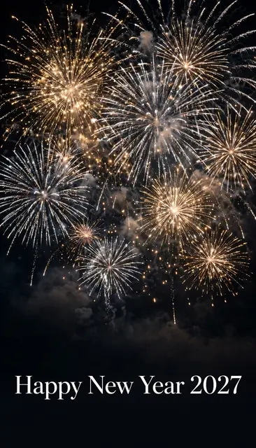 Vertical wallpaper showing gold and silver fireworks over a dark night sky with centered text reading "Happy New Year 2027"